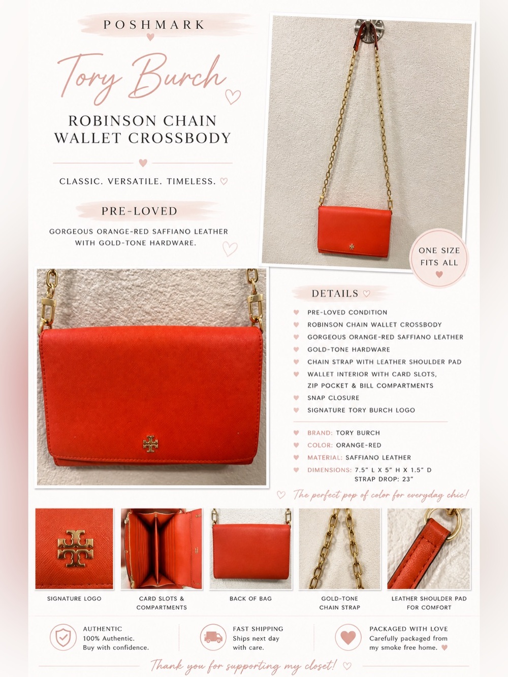 Tory Burch Orange-Red Robinson Chain Wallet Crossbody Bag